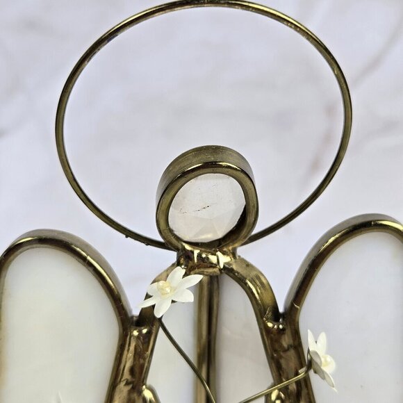 Vintage Stained Glass Angel White With Gold Holding Three Flowers Slag Glass - Picture 3 of 10